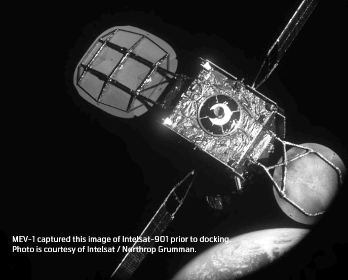 MEV-1 (MEV-2 precursor mission) captured this image of Intelsat-901 prior to docking in February 2020. Image: courtesy of Northrop Grumman/SpaceLogistics.