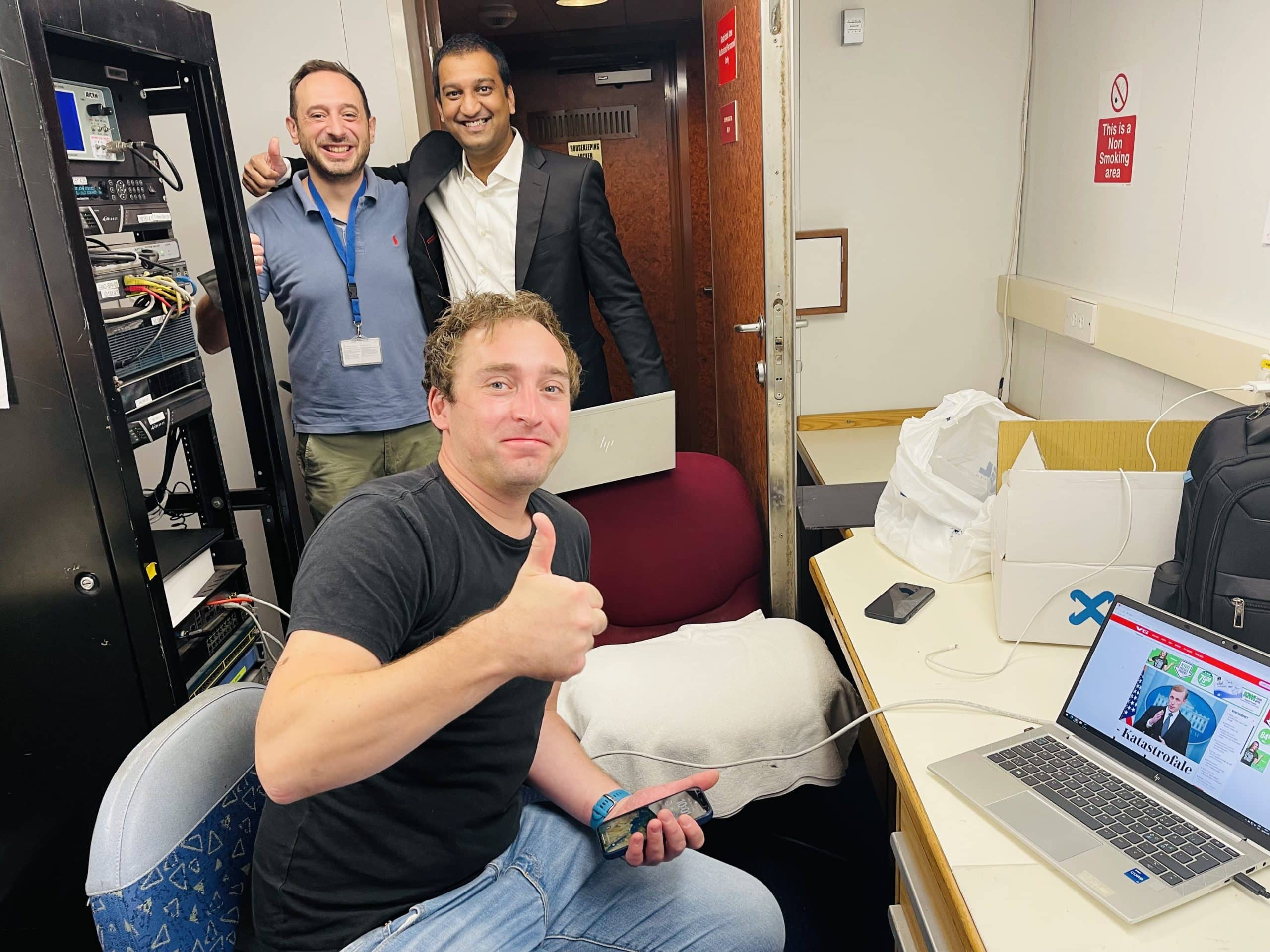 Caption: All up and running. The test of Telenor Satellite’s Managed XipLink solution onboard proved to be a success. (Back row, left to right: Dimitris Freskas, Communications and IT solution Manager at Marel Electronics and Vinay Saride, System Engineer at Telenor Satellite. Front row: Rokas Abazorius, Technical Service Manager at Telenor Satellite.)