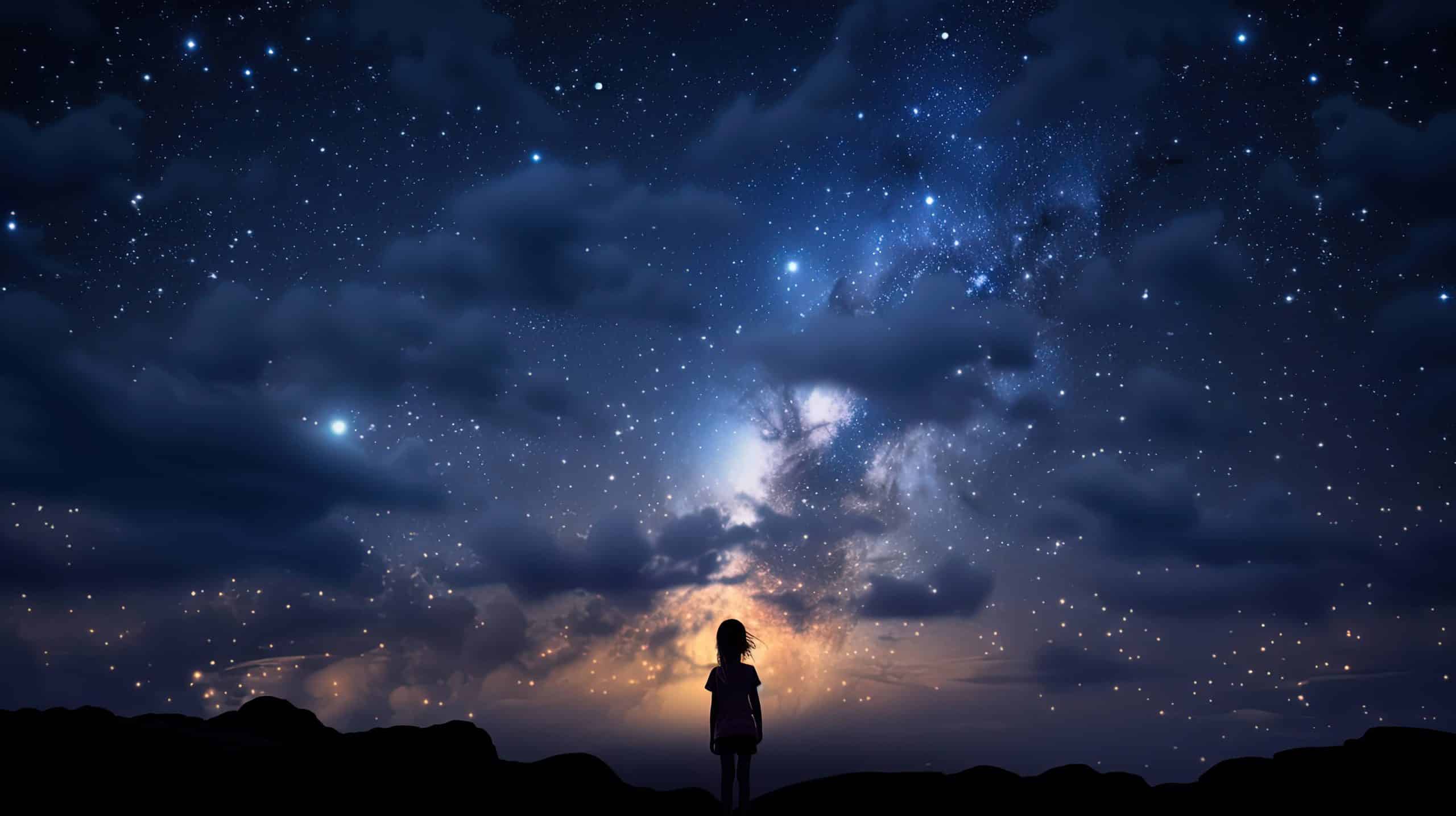 Illustration of a girl looking up into space at night.