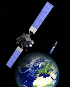 Illustration of the two ASBM satellites orbiting Earth.