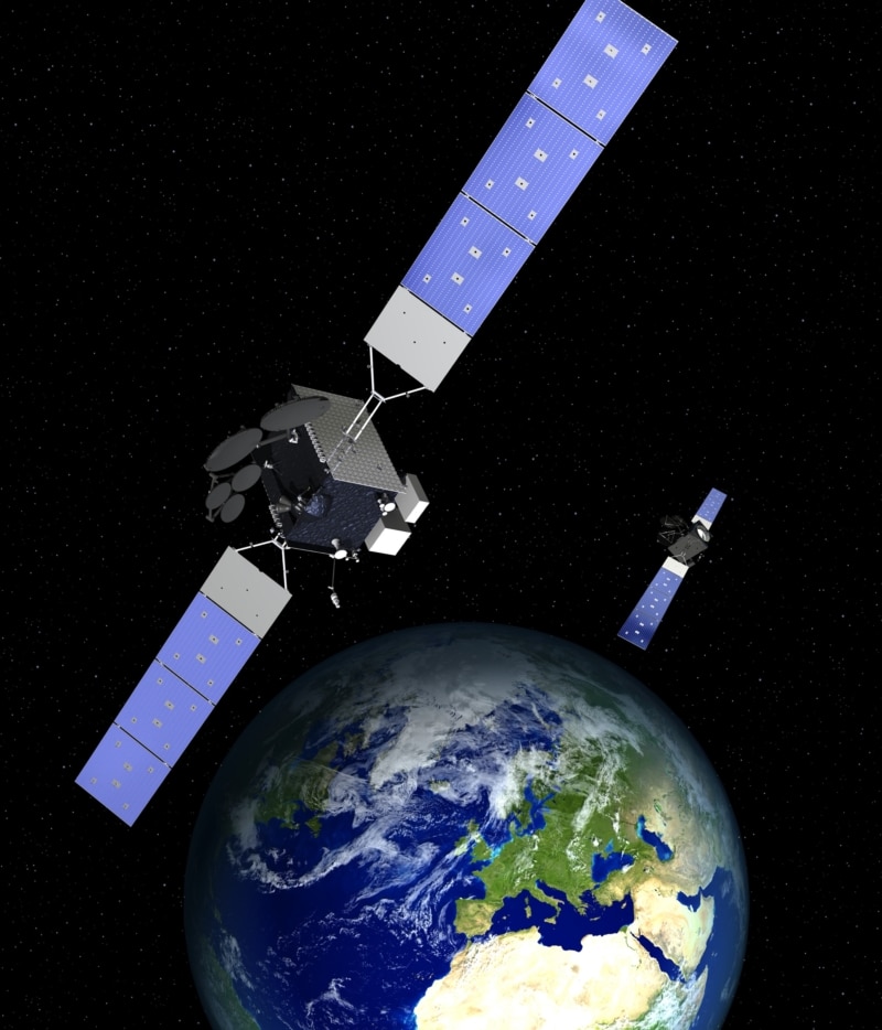 Illustration of the two ASBM satellites orbiting Earth.