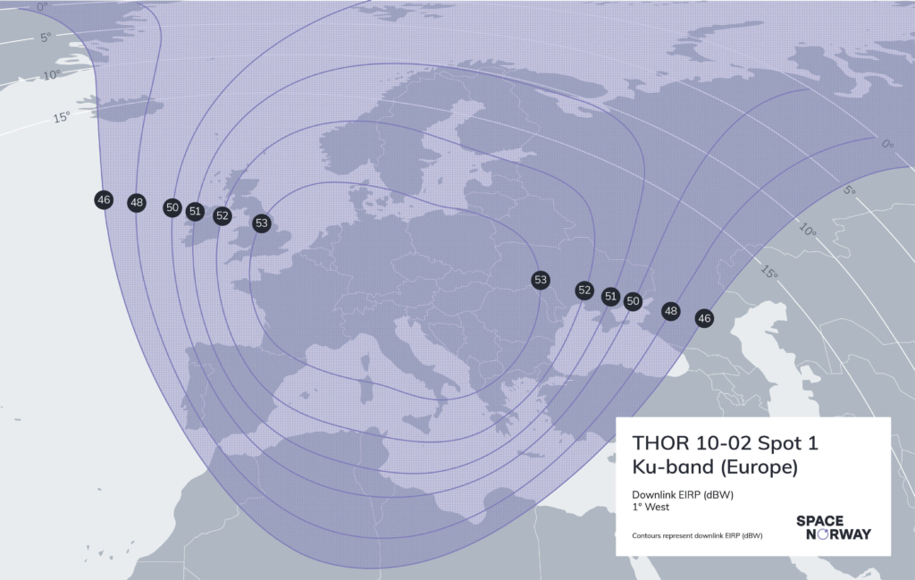 THOR 10 02 Spot 1 Ku Band Europe Coverage map Occasional Use