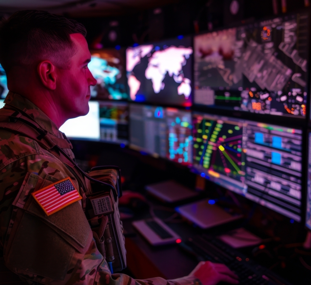 Military officer working on satellite connectivity for government services