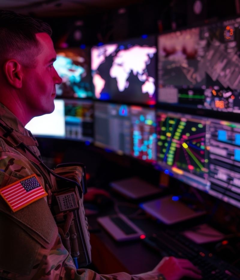 Military officer working on satellite connectivity for government services